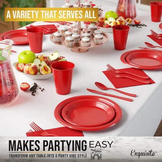350 Pcs Red Plastic Plates For Party, Red Disposable Plates Set, 50 Of Each 9" Dinner Plate Set, 7" Dessert Plate, Cups, Napkins & Cutlery Plastic Dinnerware Exquisite {3}