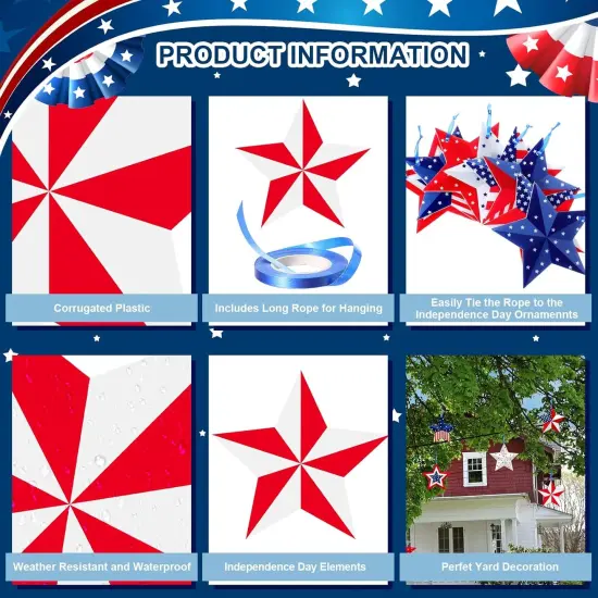 16 Pcs 4th of July Hanging Star Lawn Sign Star Patriotic Yard Signs Decorations Plastic Independence Day Garden Hanging Ornaments {2}