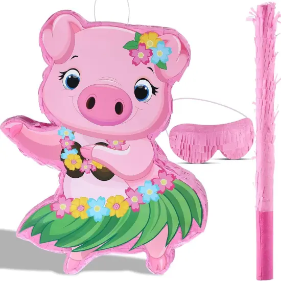 Small Pig Pi&ntilde;ata Hawaiian Party Decorations Pink Pig Pi&ntilde;ata with Blindfold Stick for Summer Hawaii Aloha Tropical Themed Birthday Party Supplies, 16.5 x 12.4 x 3.1 Inch {1}