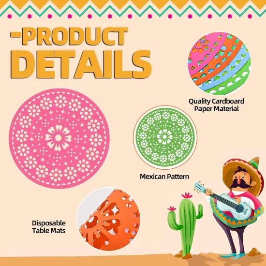 32 Pieces Fiesta Paper Place Mats 14" Mexican Papel Picado Cinco De Mayo Disposable Placemat Round Paper Doilies Cutouts for Mexican Party Supplies Tableware Decoration {3}