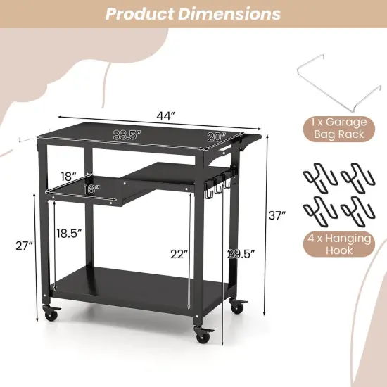 Black Metal Outdoor Grill Table, Rolling Prep Cart with Shelves and Hooks {5}
