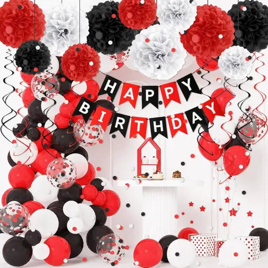 Red and Black Birthday Decorations Kit with Happy Birthday Banner, Balloons, Paper Confetti, Tissue Paper Pom Poms & Hanging Swirl for Party Decoration {4}