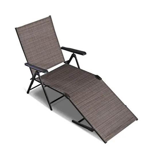Outdoor Adjustable Chaise Lounge Chair Foldable Tan Recliner with Steel Frame & Armrests {1}