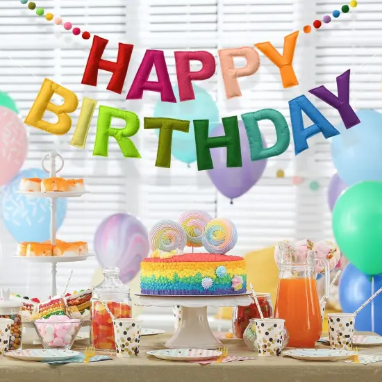 Happy Birthday Banner Felt Ball Garland Colorful Dainty Pre-Strung Rainbow Birthday Banner Reusable Happy Birthday Sign Photo Booth Props Primary Color Birthday Party Decoration for Kids Girls {3}