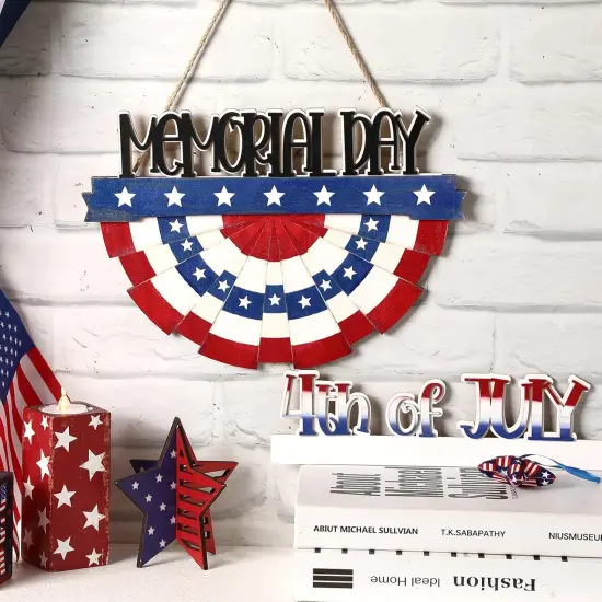 4th of July Decorations Patriotic Door Sign Wooden Memorial Day Wreath Red White Blue American Flag Door Hanger Independence Day Decor for Front Porch Wall Home Outdoor {2}