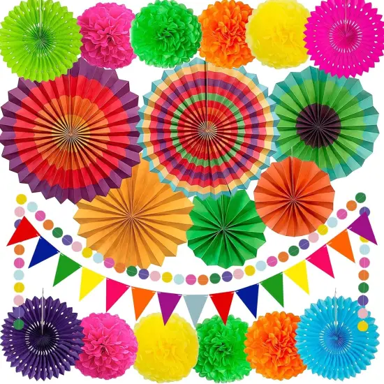 Cinco De Mayo Fiesta Party Decorations - Multi-Color Hanging Paper Fan, Tissue Paper Pom Poms, Circle Dots Garland, Triangle Pennant for Mexican Birthday Decorations {1}