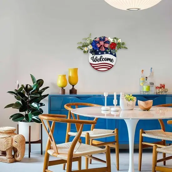 Welcome Sign Wreath 4th of July Wreath Patriotic Wreath for Front Door, 16" Red White and Blue Flower Wooden Sign Wreath for Memorial Day Independence Day Decoration {2}