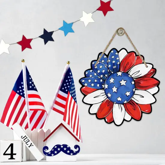 4th of July Sunflower Front Door Sign, Patriotic America Flower Wood Door Hanger Outdoor Outside Porch Decor, {5}
