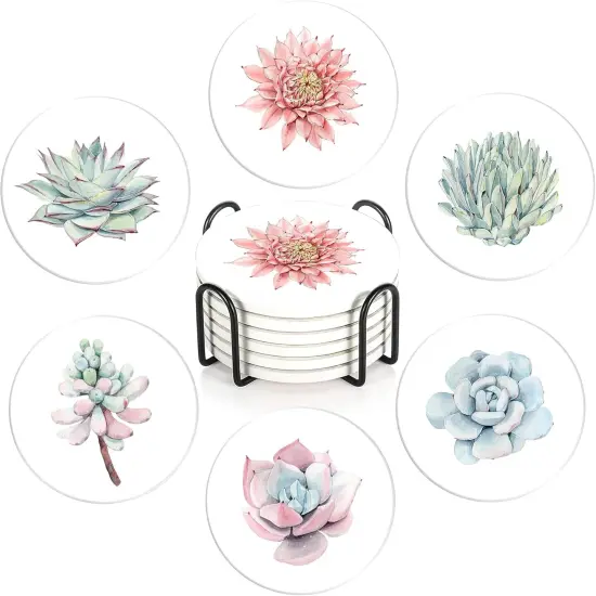 6 Pcs Bouquet Cactus Drink Coasters with Holder {1}