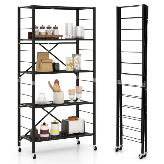 Black Metal Folding Storage Rack, Adjustable 5-Tier Shelf with Wheels {3}