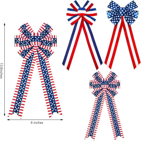 6 Pcs 4th of July Patriotic Wreath Bow Red White Blue Stripe Star Bow American Flag Bunting Bows Memorial Day Decoration for Indoor Outdoor Holiday Independence Day Decorations {2}