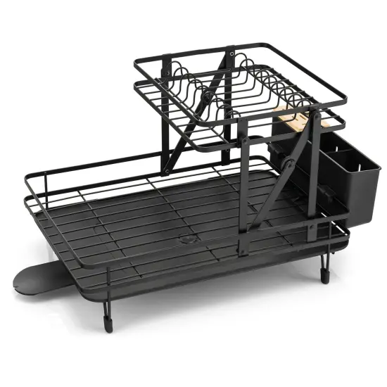 2-Tier Black Foldable Dish Drainer Rack with Retractable Spout and Removable Drip Tray {1}