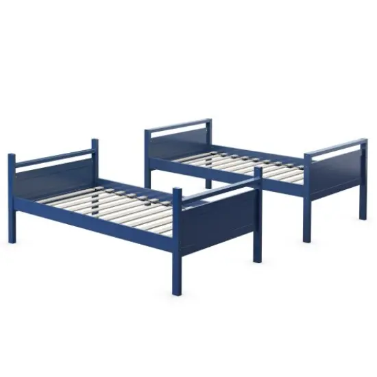 Convertible Twin Over Twin Bunk Bed in Blue &ndash; Solid Wood & MDF, Guardrails & Ladder {2}
