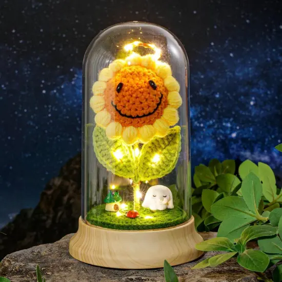 Sunflower Gifts for Women, with Led Glass Dome Smiley Crochet Artificial Sun Flower Desk Decorations, for Her Mom Mothers Day Birthday Christmas Valentine Gifts (W 4.3" X H 7.5") {1}