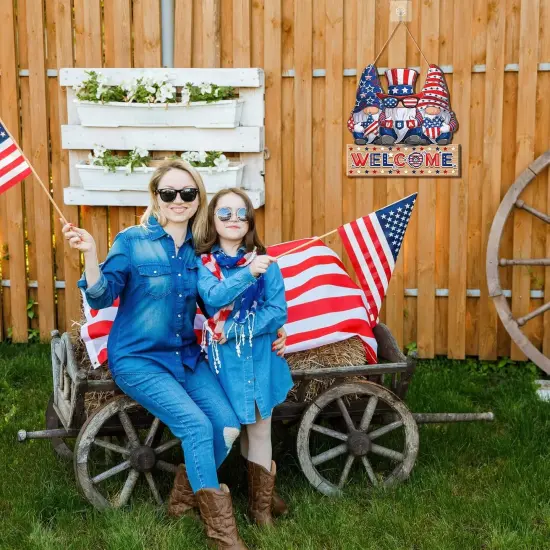 2 Pcs 4th of July Welcome Sign Decorations Patriotic Gnomes Wooden Signs Star American Flag Large Hanging Decor for Independence Day Party Memorial Day Outdoor Home Front Door Window Wall Ornament {3}