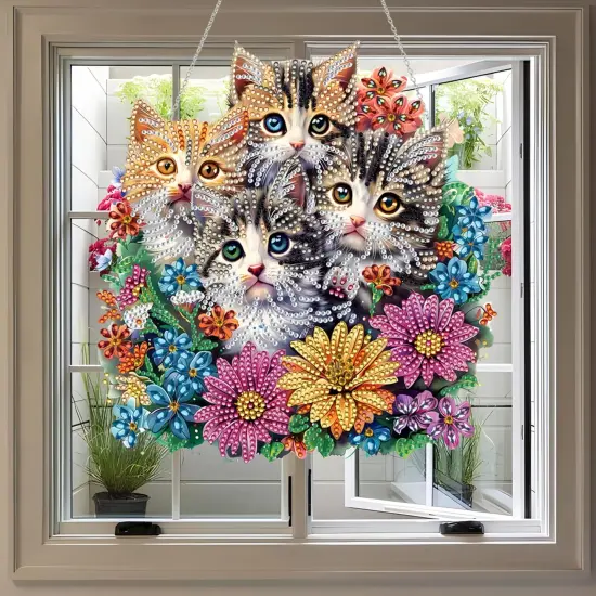 Diamond Painting Kit for Adult,Special Shaped Rhinestone,DIY Acrylic Diamond Art Painting Window Pendants Home Garden Wall Hanging Kits Hanging Ornament,Double Sided (Cat) {2}