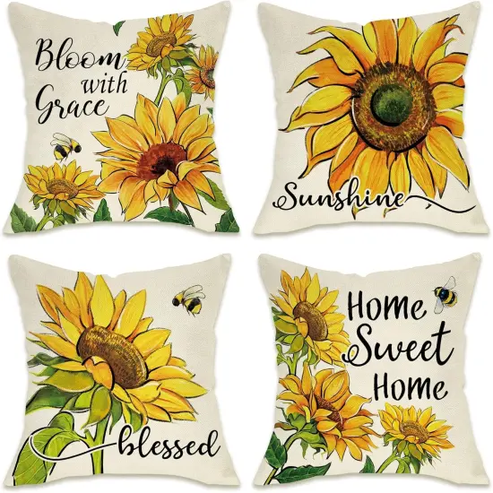Sunflower Sunshine Decorative Throw Pillow Cover 18 x 18 Set of 4, Spring Summer Home Sweet Home Blessed Porch Patio Outdoor Pillowcase, Fall Autumn Flower Farmhouse Couch Cushion Case Decor {1}
