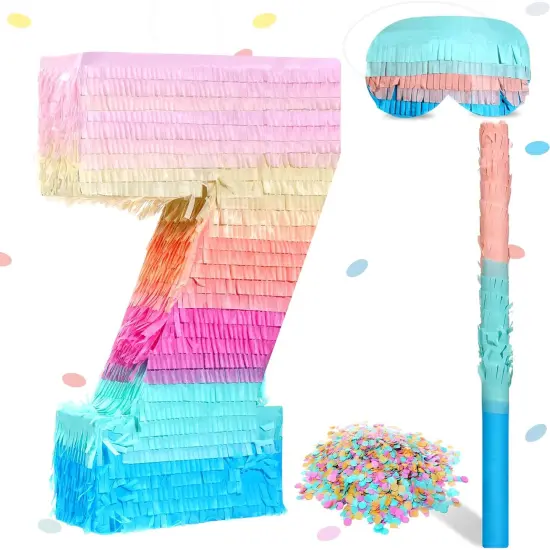 16 Inch Number Pi&ntilde;ata Kids Birthday Party Macaron Pi&ntilde;ata with Blindfold Stick and Confetti for Unicorn Birthday Wedding Baby Shower Decor(Number 7) {1}