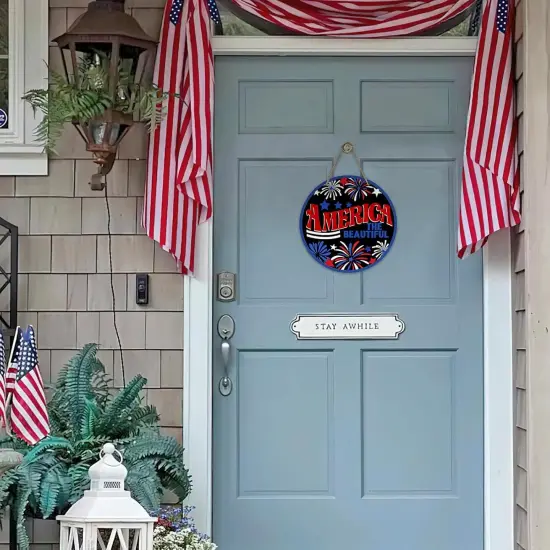 Patriotic American Fireworks Wood Door Hanger Outdoor Outside Porch Decor, USA Stars Wooden Wreath Indoor Wall Hanging Decoration {3}