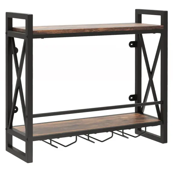 Rustic Brown Metal Frame Wall Mounted Wine Rack with 2-Tier Shelves and 3 Glass Holders {1}