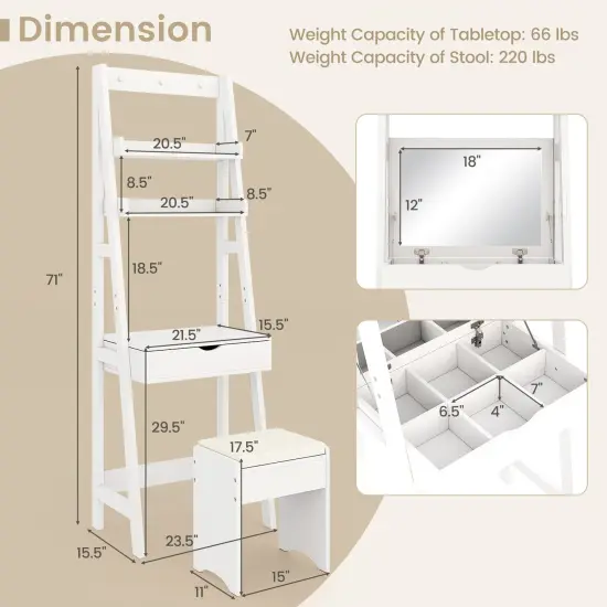 White Vanity Desk Set with Flip Top Mirror and Hidden Storage Compartments Cushioned Stool {5}