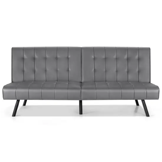 Futon Sofa Bed PU Leather Convertible Folding Couch Sleeper Lounge-Gray {4}