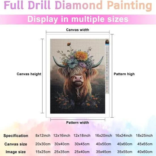Diamond Painting Set Flower Highland Cow5D Beginner Diamond Art Set, DIY Painting with Round Full Diamond, Home Wall Decoration Jewel Art Gift 12x18 inches {3}