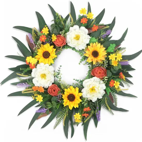 26" Summer Sunflower & Peony Wreath &ndash; Handmade Front Door Wreath for Farmhouse Porch, Bright All-Season Home Decor Gift {1}