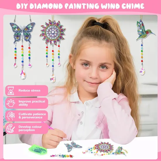 Crafts for Kids Ages 8-12, Birthday Gifts Presents for 6 7 8 9 10 11 Year Old Girls Diamond Painting Kits for Girl Toys Age 5-11 Teen Adults Wind Chimes Crystal Window Suncatcher for Home Garden Decor {3}