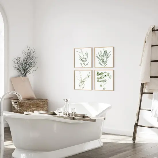 Summer Botanical Plant Wall Decor Prints - Set of 4, Floral Kitchen and Flower Leaves Wall Decor, Boho Leaf Eucalyptus Wall Decor, Green Botanical Posters (Beige Frame, 11x14) {5}