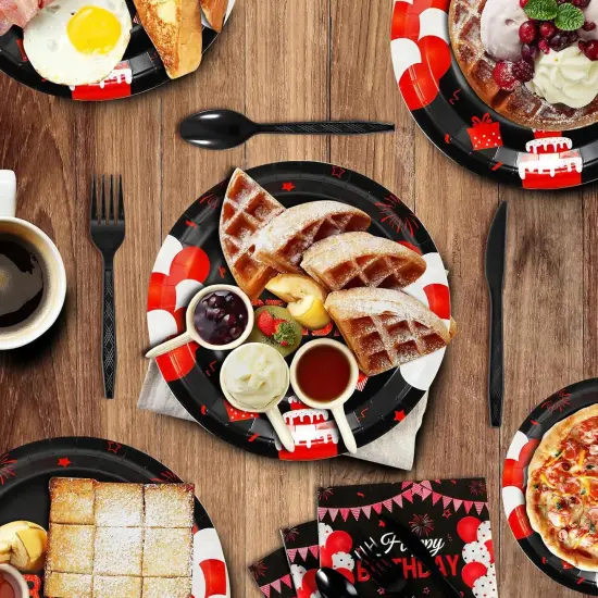 168 Pcs Black and Red Birthday Party Supplies Tableware Set Happy Birthday Plates, Knife,Forks,Spoons, Cups and Napkins Table Decorations for Women Girls Birthday Party Decorations, 24 Guests {3}
