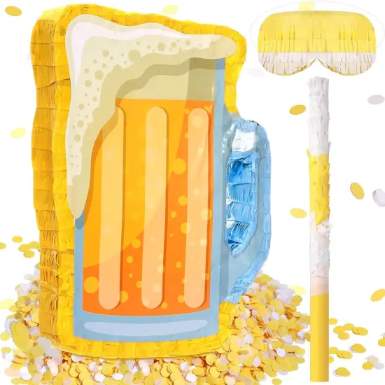 Beer Pi&ntilde;ata with Stick and Blindfold Confetti Cheers to Beers Glass Mug Hanging Decoration Mexican Pi&ntilde;atas for Adult Birthday Bachelor Party Game Supplies (Lovely) {1}