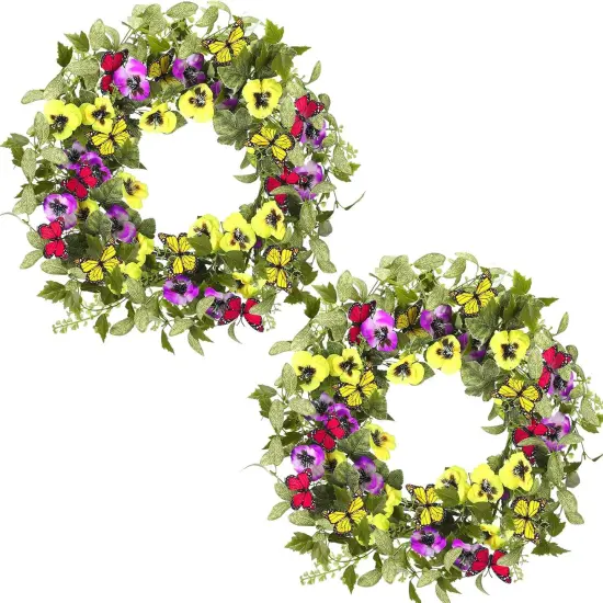 2 Pcs Summer Door Wreaths for Front Door &ndash; 22'' Artificial Yellow and Purple Pansy Wildflower Wreaths for Indoor and Outdoor Home Decor {1}