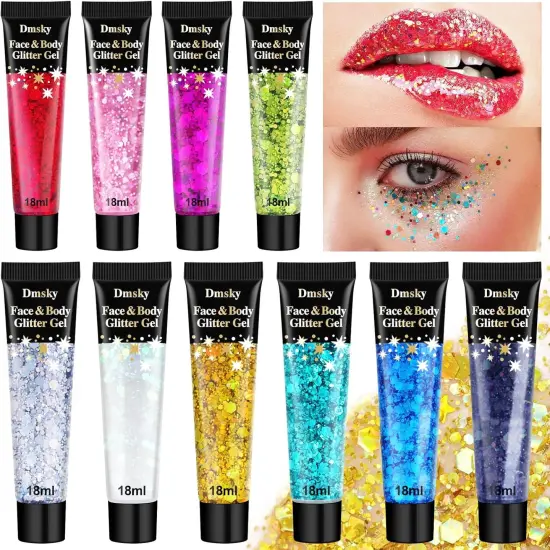 Body Glitter Hair Glitter Face Paint Sparkles Makeup,10 Colors Glitter Gel Singer Concerts Disco Rave Festival Valentine&rsquo;s Day Accessories,Chunky Sequins Mermaid Gel for Women Eyeshadow Children Hair {1}