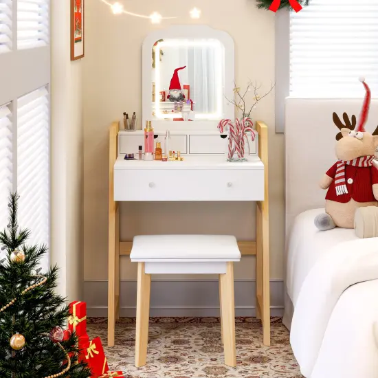 White Adjustable Height Vanity Desk Set with 3-Color LED Lighted Mirror and Storage Drawers {2}