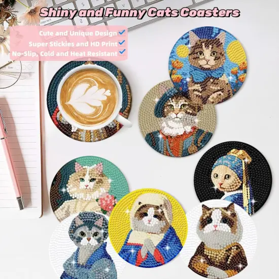 8PCs Diamond Paintings Coasters Kits Set With Holder, Cat Diamond Art, Crafts DIY Funny Adult Craft Diamond Dots Gift {2}