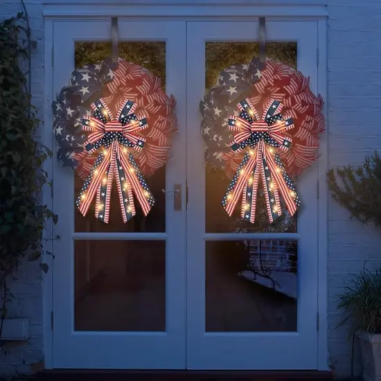 LED 4th of July Bows for Wreath, Patriotic Wreath Bows LED Red Blue Burlap Bows American Flags Bow with LED Lights Memorial Day Farmhouse Craft Bows for Front Door Decorations {4}