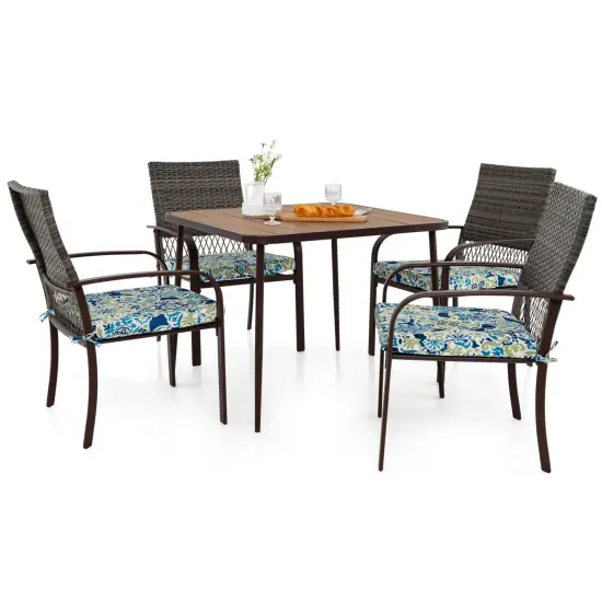 Mix Brown Rattan Metal 5-Piece Patio Dining Set with Cushions and Umbrella Hole {4}