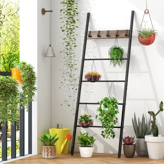 Black Wall-Leaning Decorative Blanket Holder with 5 Removable Hooks and Ladder Shelf {3}