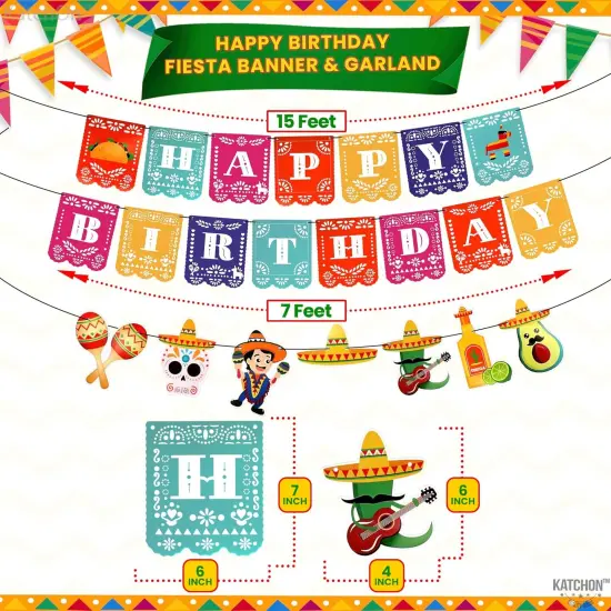 Fiesta Happy Birthday Banner - 15 feet, 3 String | Cinco De Mayo Theme, Mexican Fiesta Pinata Sombrero Garland for Mexican Birthday Party Decorations | Mexican Banner Fiesta Party Decorations {2}