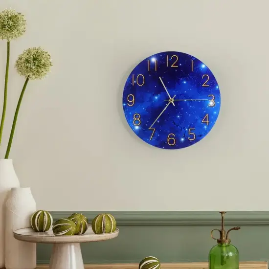 12-Inch Blue Glass Galaxy Wall Clock for Bedroom, Living Room, Office &ndash; Frameless Silent Battery Operated Round Clock with Tempered Glass (Requires 1x AA Battery) {6}