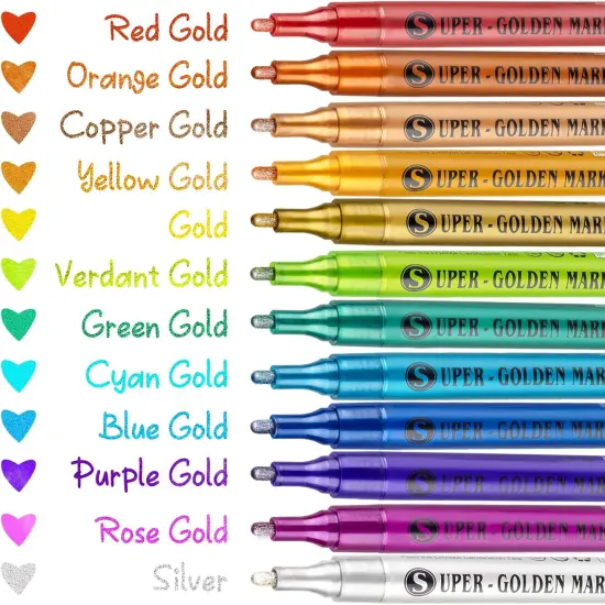 Super Golden Metallic Paint Markers, 12 Colors Sparkle Metallic Glitter Markers, Acrylic Paint Pens for Rock Painting, Glass, Wood, Fabric, Black Paper, Cards, Scrapbook, DIY Art Crafts (2-3mm) {5}