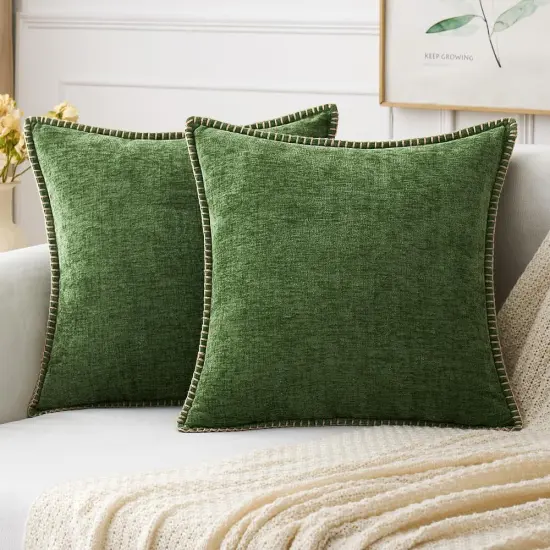 Pack of 2 Pillow Covers 18x18 Inch Moss Green Farmhouse Decorative Throw Pillow Covers with Stitched Edge Soft Chenille Solid Dyed Couch Pillow Covers for Sofa Bed Living Room {1}