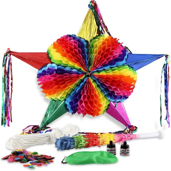 Large Star Pi&ntilde;ata Set (32 inches) Authentic Handmade Colorful Foldable Pi&ntilde;ata Suitable for Birthday Party Fiesta Anniversary and Cinco De Mayo Festive Mexican Rainbow Pi&ntilde;ata Decoration for Kids Girls {2}