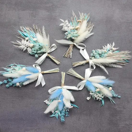 Mini Dried Flower Bouquet Set (6 pcs), Small Blue Bouquet, Boho Wedding Dinner Plate Decoration, Home Wall Decoration, Bridesmaid Flower Girl Proposal Gift Box, Card Decoration. (Blue) {2}