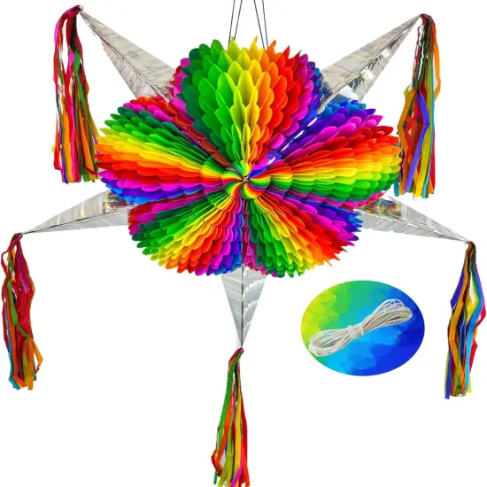 Mexican Star Pinata (33" Jumbo) with 30-ft Rope | Rainbow Mexican Pi&ntilde;ata | Large Handmade Pi&ntilde;ata for Cinco de Mayo, Birthday Parties, Fiesta Celebrations {1}