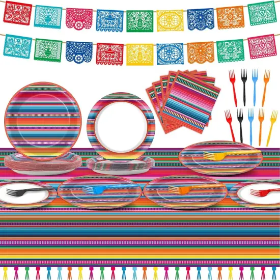 119 Pcs Mexican Fiesta Party Supplies Set Includes Cinco De Mayo Mexico Serape Plates, Napkins, Forks, Tablecloth, Banners, Colorful Stripes Tableware for Dance Pinata Taco Party, Serve 25 {1}