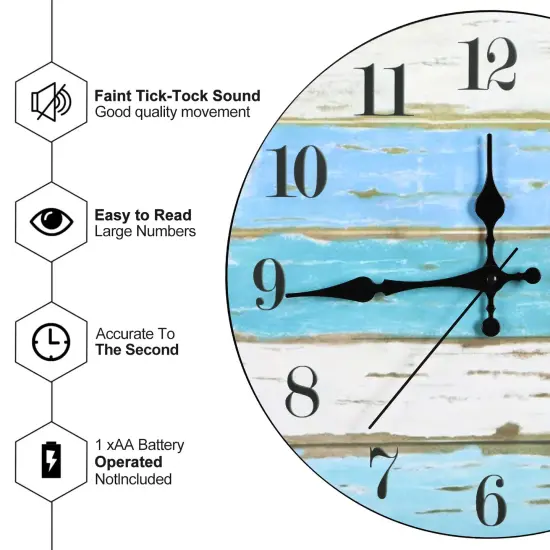 Blue Wood Wall Clock Battery Operated 12 Inch (30 cm) - Silent Frameless Farmhouse & Beach Decor Analog Wall Clock for Bedroom, Kitchen, Office {3}