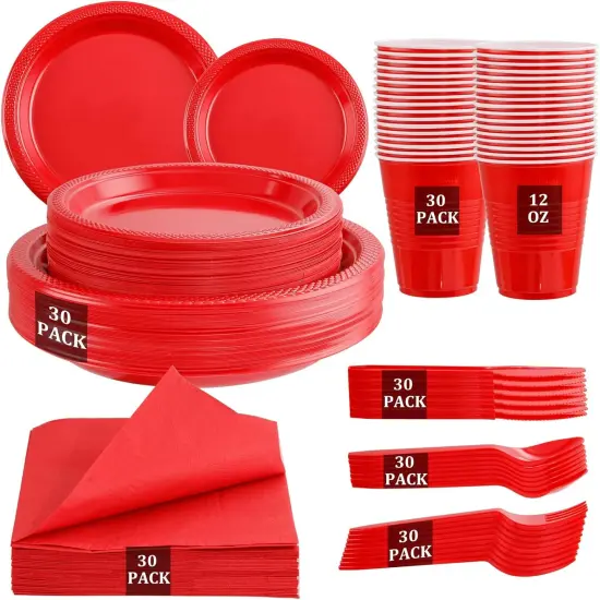 210 Pieces Red Party Supplies Disposable Dinnerware Set, Including Red Plastic Plates, 12OZ Cups, Plastic Cutlery and Paper Napkins {1}