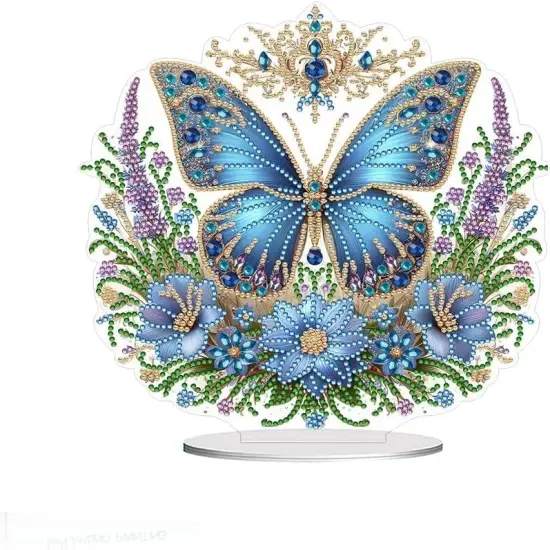 Diamond Painting Kits Tabletop Ornaments, Special Shaped Crystal DIY Blue Floral Butterfly Diamond Art Desktop Kit, Stand Up 5D Gem Painting Crafts for Home Office Table Top Decor {1}